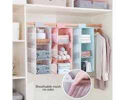 Hangende plank kledingkast, 3 compartimenten hangende organizer kast met 9 mesh zijvakken voor de gezinsgarderobe slaapkamer, opvouwbaar en universeel passend 30 x 22,5 x 60 cm (roze drie lagen)