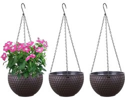 Hangende plantenbakken, 3-delige set, zelfwaterende hangende plantenbakken met waterreservoir en drainagegaten, honingraatdesign, hangende plantenbakken met roestvrije kettingen, donkerbruin, maat S (16,5 cm diameter).