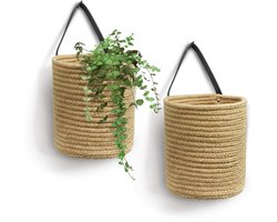 Hangende Plantenmand Set van 2 – Gevlochten Jute Wandmand met Leren Ophanglus – Boho Wanddecoratie voor Planten en Opbergen – Naturel
