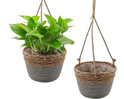Hangende plantenmand set van 2 - zeegras plantenhanger - 20 cm - handgeweven - met waterdichte voering - grijs