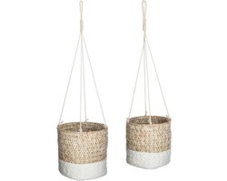 Hangende Rieten Mand Zeegras Naturel Wit Set van 2