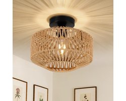 Hangende rotan plafondlamp met boho lampenkap - vintage bamboe design - rustieke woonkamer decoratie - boho mandlamp voor slaapkamer, keuken en gang- 123voordeellampen.nl