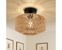 Hangende rotan plafondlamp met boho lampenkap - vintage bamboe design - rustieke woonkamer decoratie - boho mandlamp voor slaapkamer, keuken en gang