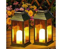 Hangende Solarlampen Buiten - Zeshoekige Lantaarns op Zonne-energie met Flikkerend Kaars-effect - IP44 Waterdicht - voor Tuin, Terras & Balkon - Set van 2