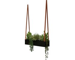 Hangende stalen plantenbak - aan leren banden | Leren banden: COGNAC / Staal: Zwart (plantenbak - plantenbak binnen - plantenpot - planten aan wand - muur plantenbak)