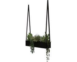 Hangende stalen plantenbak - aan leren banden | Leren banden: V BLACK / Staal: Zwart (plantenbak - plantenbak binnen - plantenpot - planten aan wand - muur plantenbak)