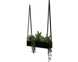 Hangende stalen plantenbak - aan leren banden | Leren banden: V GREY / Staal: Zwart (plantenbak - plantenbak binnen - plantenpot - planten aan wand - muur plantenbak)