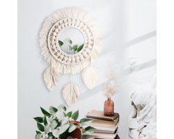Hangende wandspiegel, macramé, wanddecoratie, boho, macramé, spiegel, rond, met veer, handgemaakt katoenen touw, voor woonkamer, slaapkamer, huisdecoratie