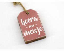Hanger label Hoera een meisje baby Roze 6x4cm hout