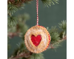 Hanger Vilt Kerst - Linzer Koekje Hart - Bruin/Wit/Rood - 7cm - Handgemaakt & Fairtrade