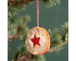 Hanger Vilt Kerst - Linzer Koekje Ster - Bruin/Wit/Rood - 7cm - Handgemaakt & Fairtrade
