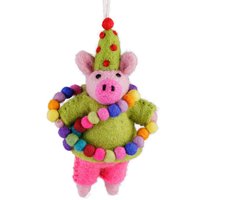 Hanger Wolvilt - Feestvarken Groen met Slinger & Feestmuts - Homedeco - Handmade&Fairmade - 15x8cm