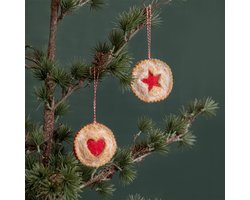 Hangers Vilt Kerst - 2 Stuks - Linzer Koekje Hart & Ster - Bruin/Wit/Rood - 7cm - Handgemaakt & Fairtrade