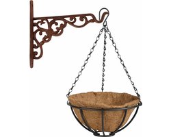 Hanging basket 25 cm met metalen muurhaak en kokos inlegvel - Complete hangmand set van gietijzer