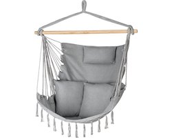 Hanging Chair 100 x 130 x 75 cm, up to 150 kg, Outdoor Chair with Cushion, Bean Bag for Hanging, Swing for Garden and Room, Boho, Fringes, Brazilian Chair, Grey