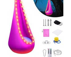 Hanging Chair Pod Schommelstoel met LED Verlichting en Opblaasbare Kussen, DIY Hangstoel met Pomp, Draagvermogen tot 80 kg - 70 x 150 cm (Roze) voor Binnen en Buiten Gebruik