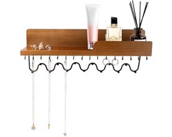 Hanging Jewelry Organizer with 29 Hooks and Cosmetics Shelf, Modern Wood Wall Mounted Jewelry Holder for Necklaces, Bracelets, Earrings and Rings, Natural