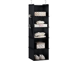 Hanging kast en kledingorganiser met bamboe en MDF panelen, ruimtebesparend en opvouwbaar, 5 compartimenten voor kleding en accessoires, zwart