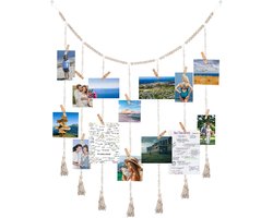 Hanging Macrame Display - Boho Wanddecoratie - Foto Wand - Foto Lijst - Collage - Foto Gordijn - Tapestry - Wand Hangen - 45 Clips voor Slaapkamer - Woonkamer - Studentenhuis