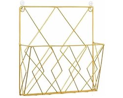 Hanging Magazine Rack Metal Magazine Holder, Newspaper Holder Newspaper Basket Wall Mounted Magazine Holder with 2 Hooks for Magazines, Books and Office Documents (Gold)