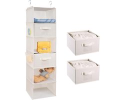 Hanging Rack Organizer met 6 Compartimenten en 2 Verwijderbare Lades - Vouwbare Opbergoplossing voor Kleding - Beige