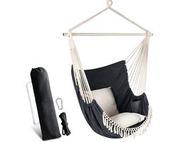 Hanging Swing Hammock Chair with 2 Seat Cushions Included - Durable Spreader Bar, Side Pocket, Large Macrame Design - Quality Cotton Weave for Soft Comfort - Perfect for Home, Garden, Indoor, Outdoor