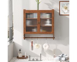 Hangkast - 63x20x60 cm - Vintage met Handdoekrek - met Glazen Deuren - Hout - Bruin