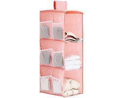 Hangkast Organizer met 3 Compartimenten en 9 Mesh Vakken voor Kleding en Accessoires, Vouwbaar en Universele Pasvorm, 30 x 22,5 x 60 cm (Roze Drie Lagen)