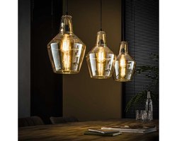 Hanglamp 3 Lampen - Amber - Oud Zilver - Kegelvormige Kappen - Glas - Metaal - Woonkamer - Keuken - In Hoogte Verstelbaar tot 150 cm - E27 Fitting - Exclusief Lichtbron - Voedingstype Netstroom