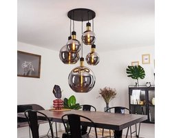 Hanglamp 5-lichts - Smoke glas - Industrieel - 20, 25 en 30 cm - Antraciet/Goud - 5 Glazen Bollen
