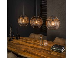 Hanglamp Armor open | 3 lichts | Ø 30 cm | 110x30x150 cm | zwart / bruin | in hoogte verstelbaar | eetkamer / woonkamer | industrieel ontwerp