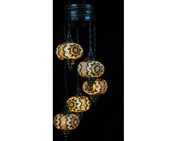 Hanglamp - bruin - glas - mozaïek - Turkse lamp - oosterse lamp - Marokkaanse lamp - kroonluchter - 5 bollen.