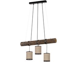 Hanglamp eettafel hanglamp hout woonkamer lamp beige, hanglamp in hoogte verstelbaar landhuis, stof metaal zwart, 3x E27, LxBxH 65x13x140cm