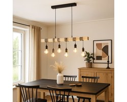 Hanglamp eettafel lamp houten balk hanglamp in hoogte verstelbaar woonkamer lamp 6 vlammen, 6x E27, LxH 100 x 191,5 cm