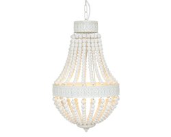 Hanglamp Ella 10191W - Trendy Witte Kralenlamp van Hout en Metaal, Verstelbare Hoogte 70-155 cm - Merk: Mexlite