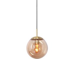 Hanglamp glazen bol | 1 lichts | amber / goud / zwart | glas / metaal | Ø 20 cm | in hoogte verstelbaar tot 170 cm | eetkamer / eettafel lamp | modern / sfeervol design
