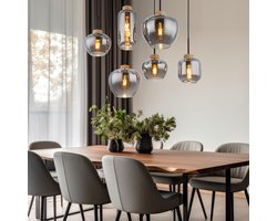 Hanglamp Hanglamp Eettafellamp, 6 vlammen, retro rookglas metaal zwart hennep bruin, 6x E27 stopcontacten, LxBxH 80x40x120cm
