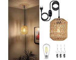 Hanglamp Hennep Touw Lampenkap Ø18cm - Retro Dimbare Hanglamp E27 - DIY Vintage Binnen/Buiten Verlichting - 4.5M Kabel voor Slaapkamer Foyer - Met 40W Gloeilamp