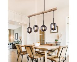 Hanglamp houten lamp 4 vlammen glazen kap rookkleurige hanglamp hanglamp woonkamer, metaal glas, zwart naturel, 4x E14 fitting, LxBxH 100x18,5x130 cm