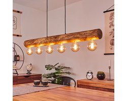 Hanglamp Manedo, 6-lichts hanglamp van metaal/hout in zwart/natuur Scandinavisch design, hanglamp met houten stang, 6 x E27, exclusief gloeilampen