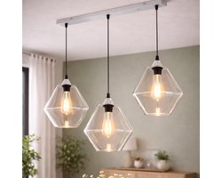 Hanglamp met 3 lichtpunten - plafondlamp - transparant glas - E27 fitting - verstelbare pendels - rechthoekige plaat
