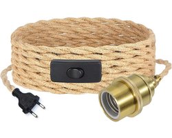 Hanglamp met Hennep Touw en Gordel - 5 Meter Textielkabel met E27 Fitting en Schakelaar - Vintage Industrieel Design