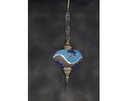 Hanglamp - Mozaïek Lamp - Oosterse Lamp - Turkse Lamp - Marokkaanse Lamp - Ø 19 cm - Hoogte 53 cm - Handgemaakt - Authentiek - Blauw