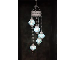 Hanglamp multicolour blauw glas mozaïek 5 bollen Turkse Oosterse Crèmewit Marokkaanse kroonluchter