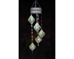 Hanglamp multicolour blauw groen glas mozaïek 5 bollen Turkse Oosterse Crèmewit Marokkaanse kroonluchter