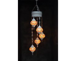 Hanglamp multicolour bruin glas mozaïek 5 bollen Turkse Oosterse Crèmewit Marokkaanse kroonluchter