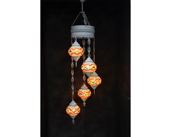 Hanglamp multicolour bruin glas mozaïek 5 bollen Turkse Oosterse Crèmewit Marokkaanse kroonluchter