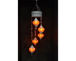 Hanglamp multicolour glas mozaïek oranje rood 5 bollen Turkse Oosterse Crèmewit Marokkaanse kroonluchter