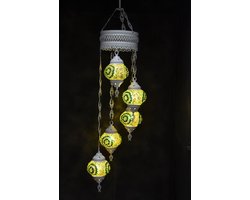 Hanglamp multicolour groen glas mozaïek 5 bollen Turkse Oosterse Crèmewit Marokkaanse kroonluchter