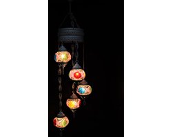 Hanglamp multicolour paars roze glas mozaïek 5 bollen Turkse Oosterse Crèmewit Marokkaanse kroonluchter